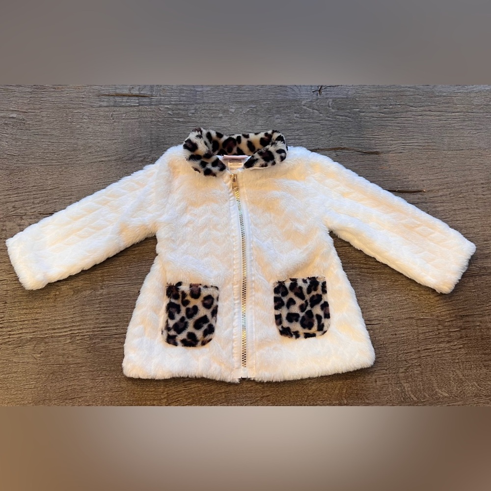 Little Lass lightweight fur cream coat with leopard detail size 18 months